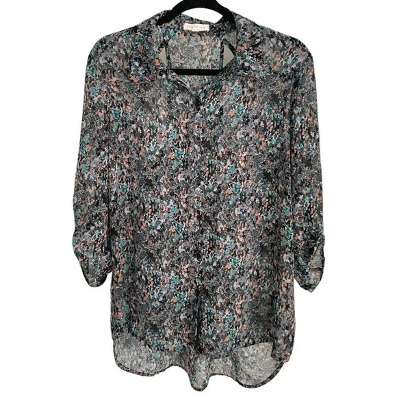 Socialite Button Down Cuff Sleeve 3/4 Sleeve Multicolor Print Open Back Blouse L - Picture 3 of 16